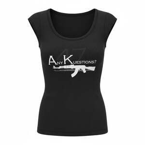 American Apparel Any Kuestions AK47 Graphic Tee, Black Ribbed Scoop Neck, medium